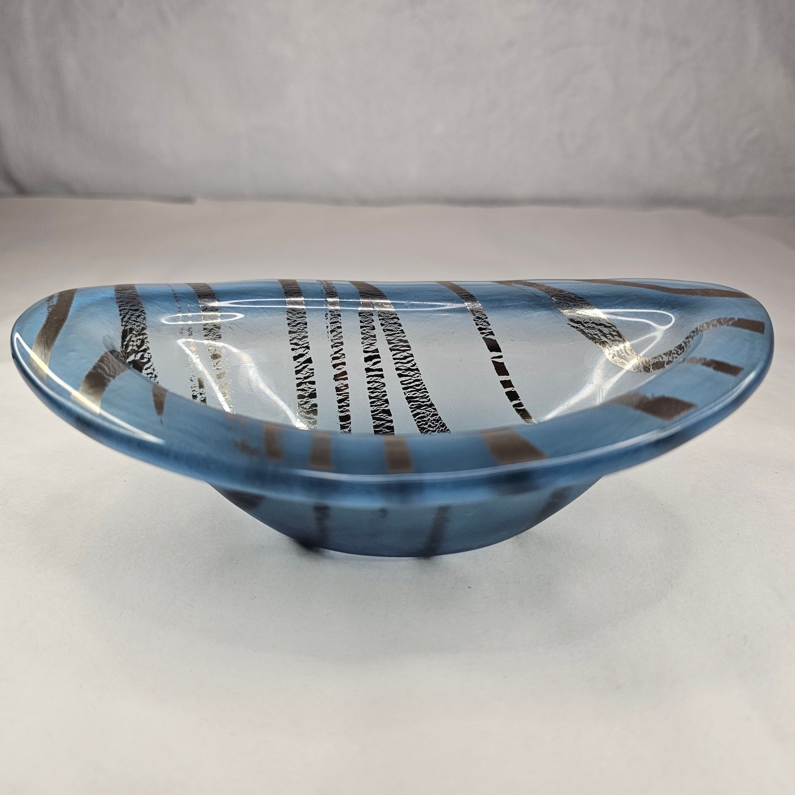 Mid Century Modern Frosted Gold Blue Swirl Glass Bowl Dish Decorative Accent