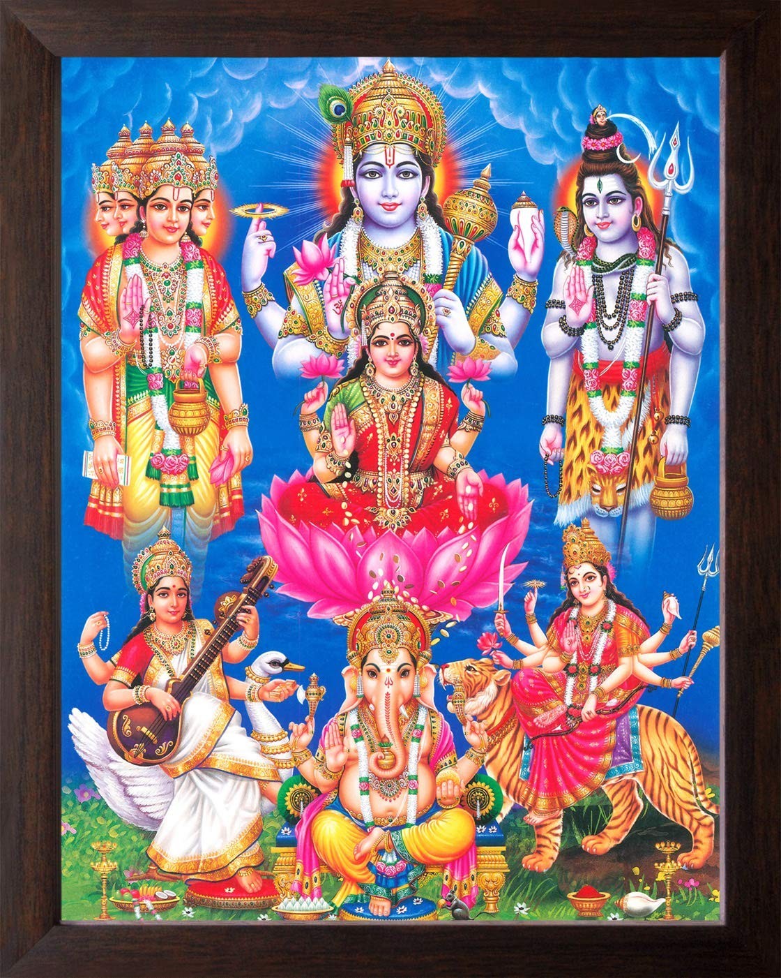 Goddess Lakshmi with Brahma Vishnu Mahesh Religious Wall Decor Painting Frame