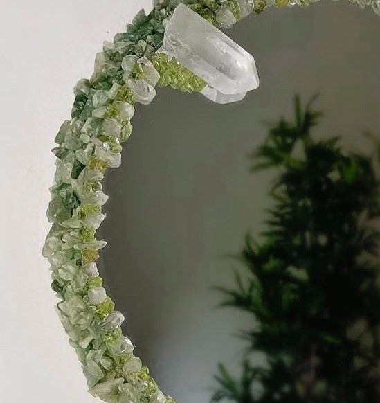 30” Aventurine, Peridot & Quartz Round Mirror | Handmade Crystal Wall Mirror