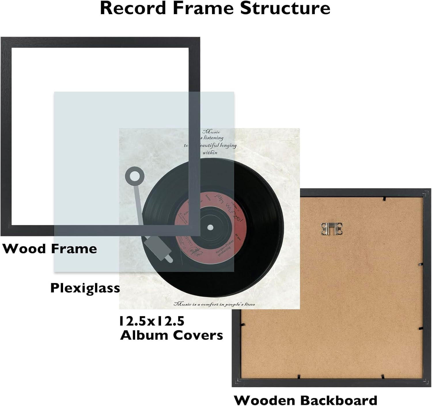 5 Pack Vinyl Record Frames 12×12 LP Album Cover Wall Display 12.5×12.5 Black