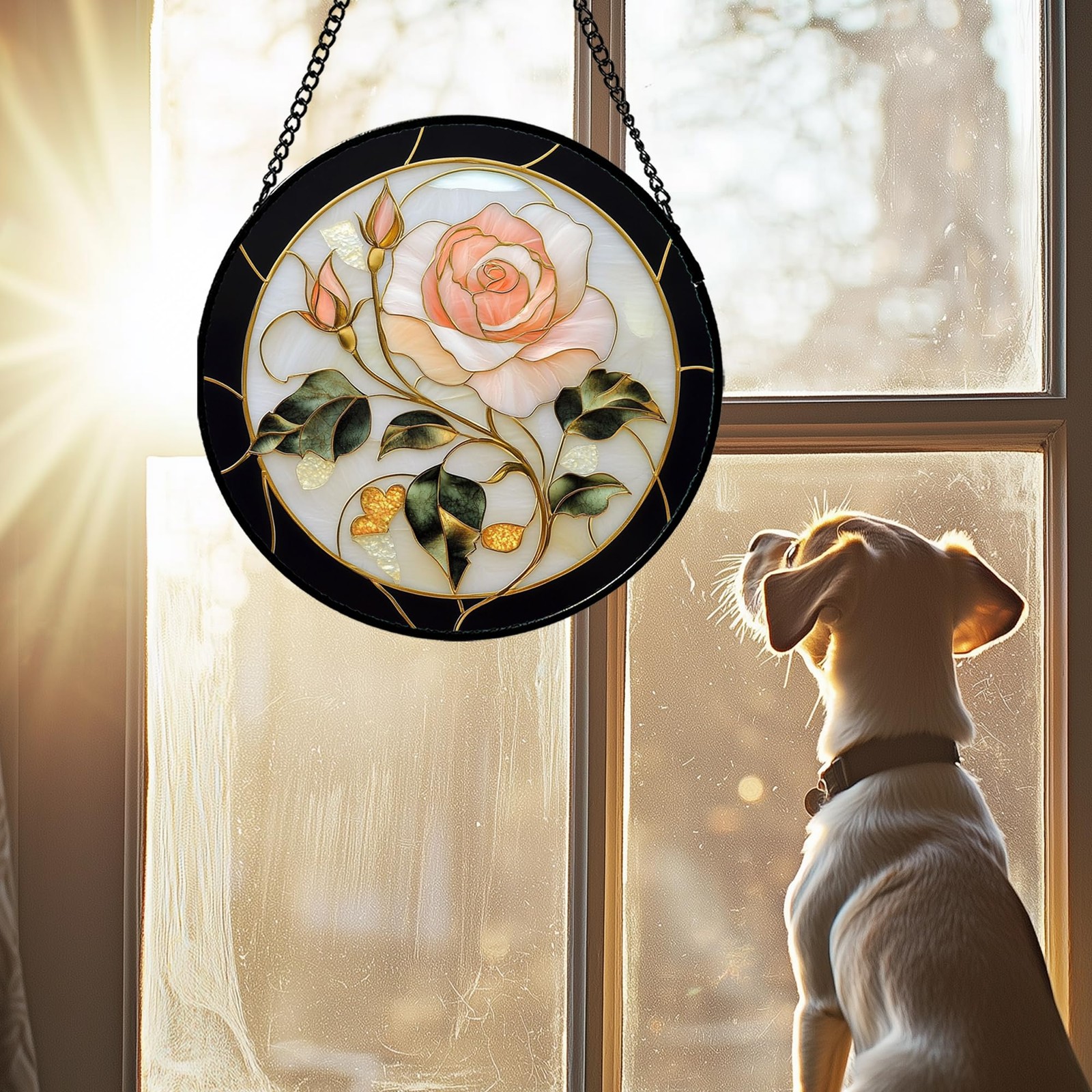 Stained Glass Sun Catcher Black Pink Rose Window Decor Gift for All Occasions