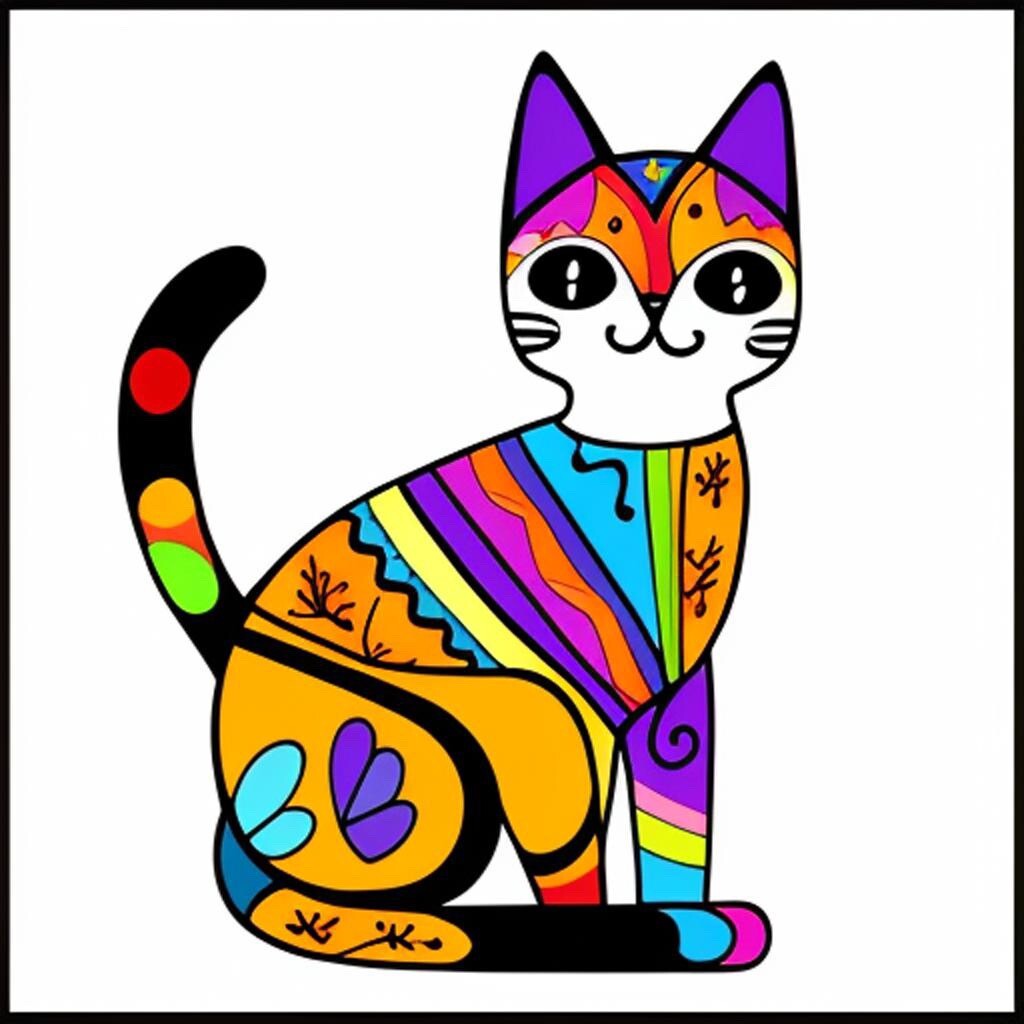 Cat Phone Sticker (2 Inch) Cute Pet Kitty Kitten Folk Art Colorful