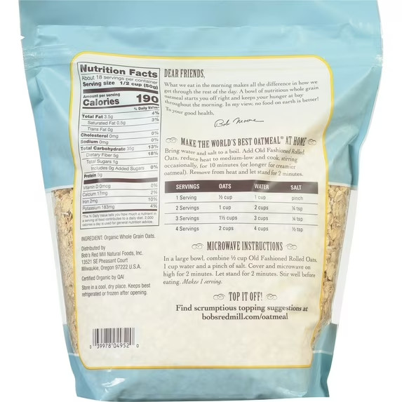 Bob’s Red Mill, Old Fashioned Rolled Oats, Organic, 32 oz (2 PACK).