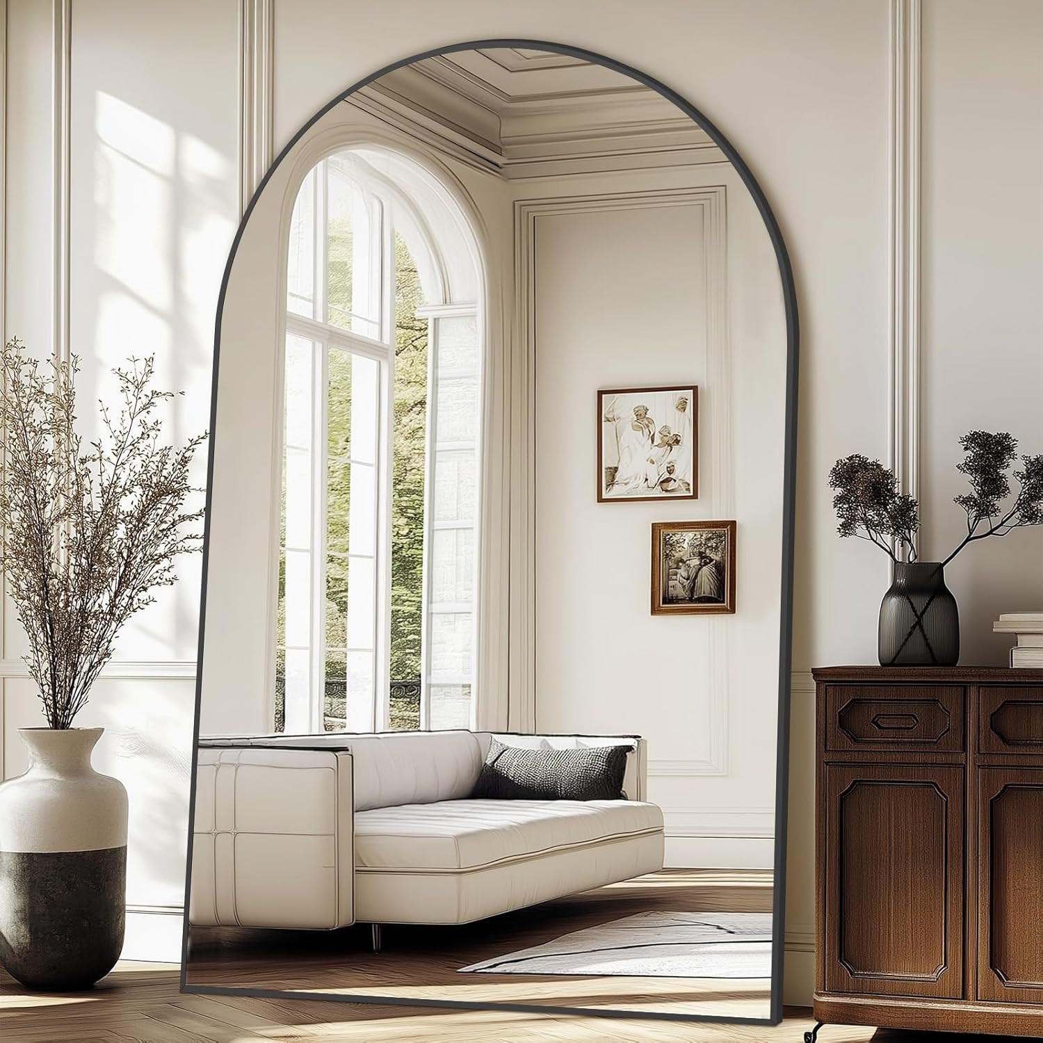 72″ Extra Large Arch Floor Mirror – Black Glass & Aluminum Frame