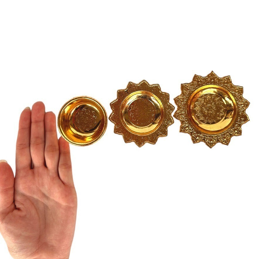 Set of 3 Gold Tray 3″ amulet Thai Buddhism Style Worship Offer Pedestal Buddha