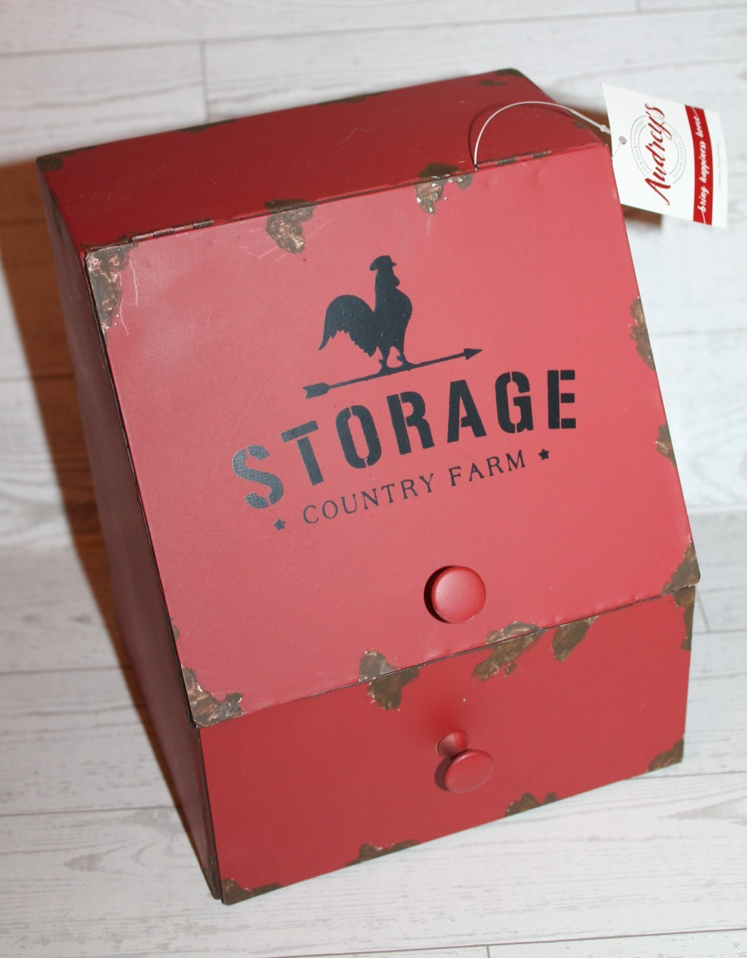 Audrey’s Farmhouse Red Metal Distressed Counter Storage Bin Country Farm NEW