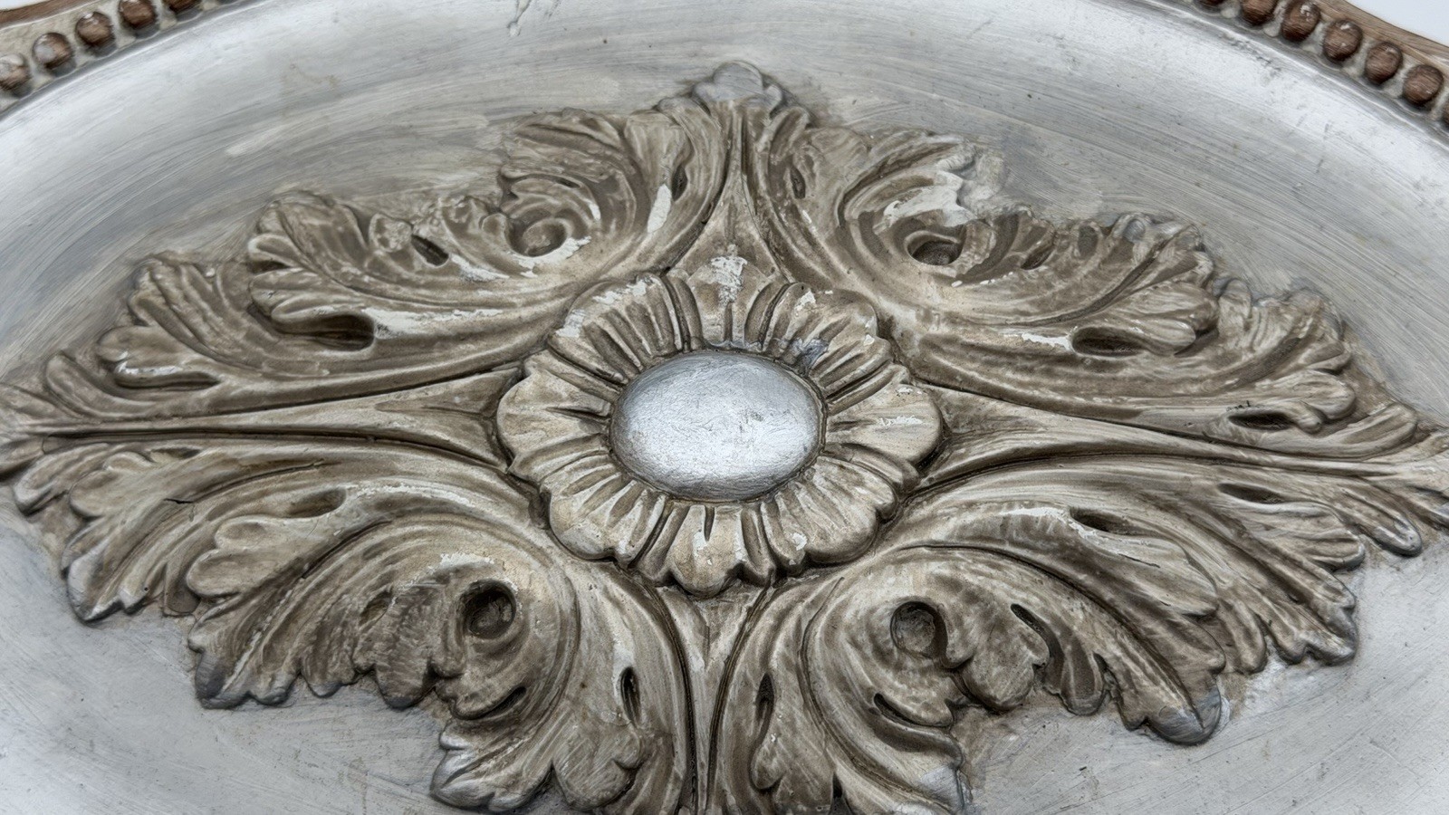 Vintage Style Oval Wall Plaque Faux Silver Acanthus Scroll Beaded 17”