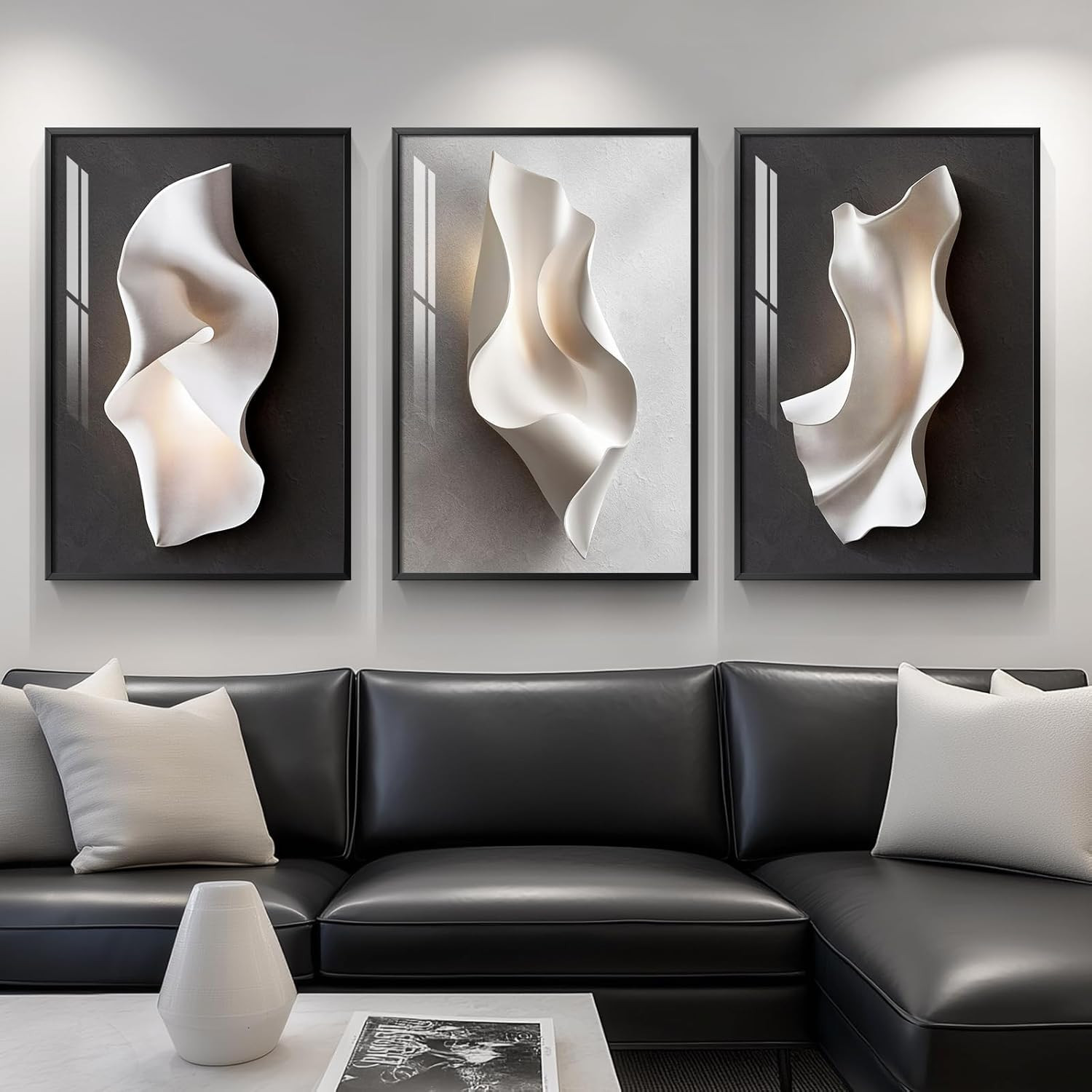 Framed Abstract Black and White Wall Art for Living Room, Large 3 Piece Modern B