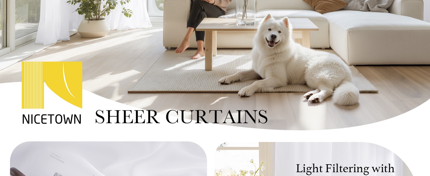 White Sheer Curtains 108 inches Long 4 Panels, 42 inch Wide Rod Pocket Light