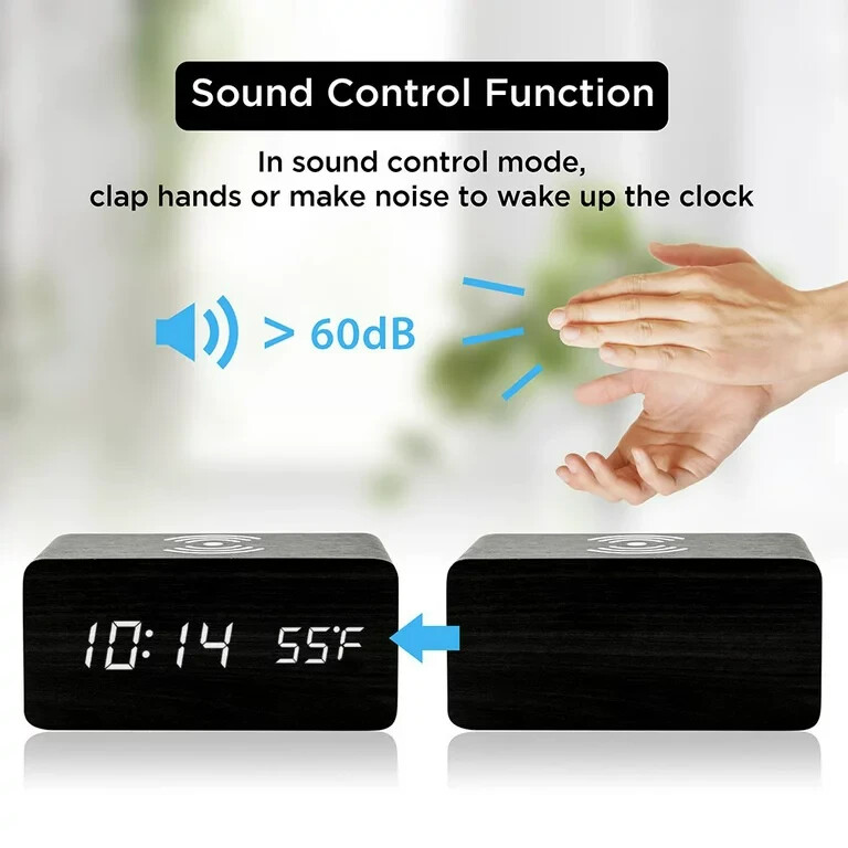 Modern Wooden Wood Digital LED Desk Alarm Clock Thermometer Qi Wireless Charger