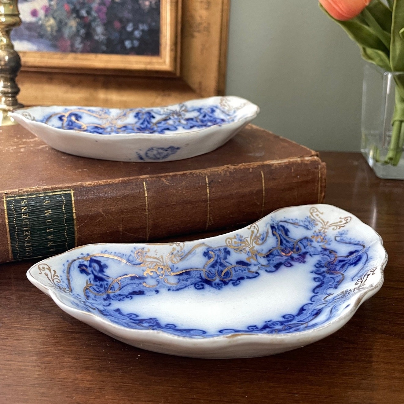 Antique Flow Blue Bone Dish with Gold Detail | Upper Hanley England Elgar