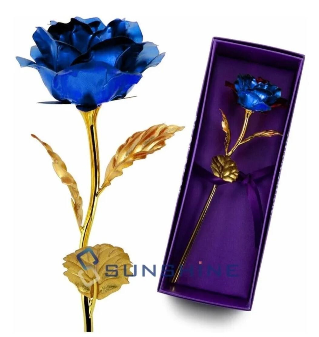 24k Gold Foil Stem Blue Rose Flower Gift Love Keepsake