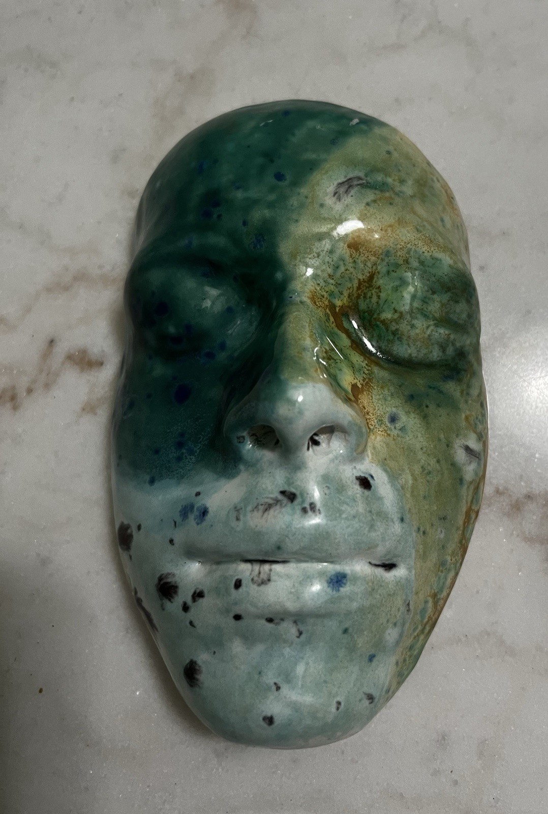 Vintage 2002 Handmade Ceramic Face Mask Art Piece Wall Hanging Blue/Green