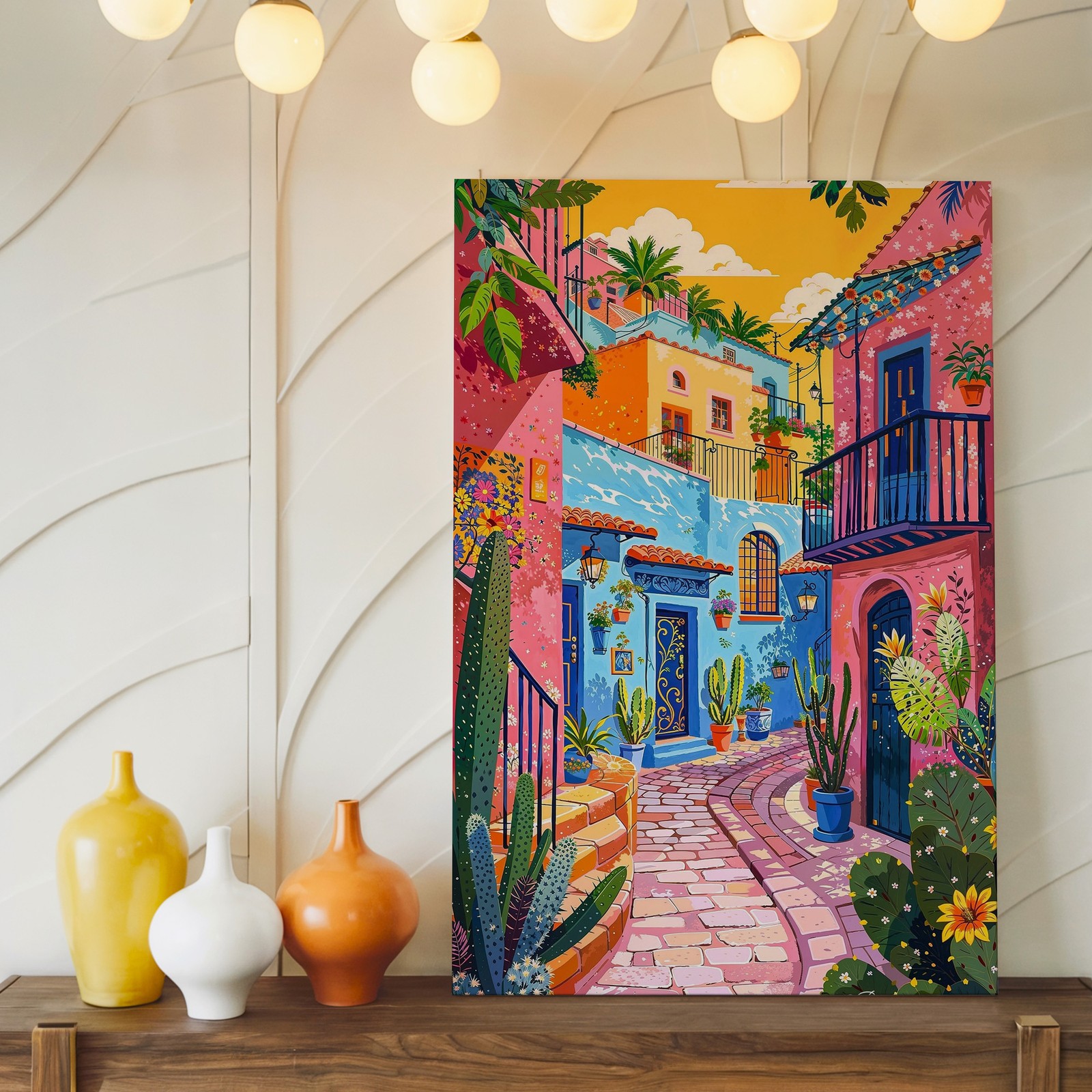 Colorful Mediterranean Street Scene Canvas Wall Art Vibrant Village Print Home