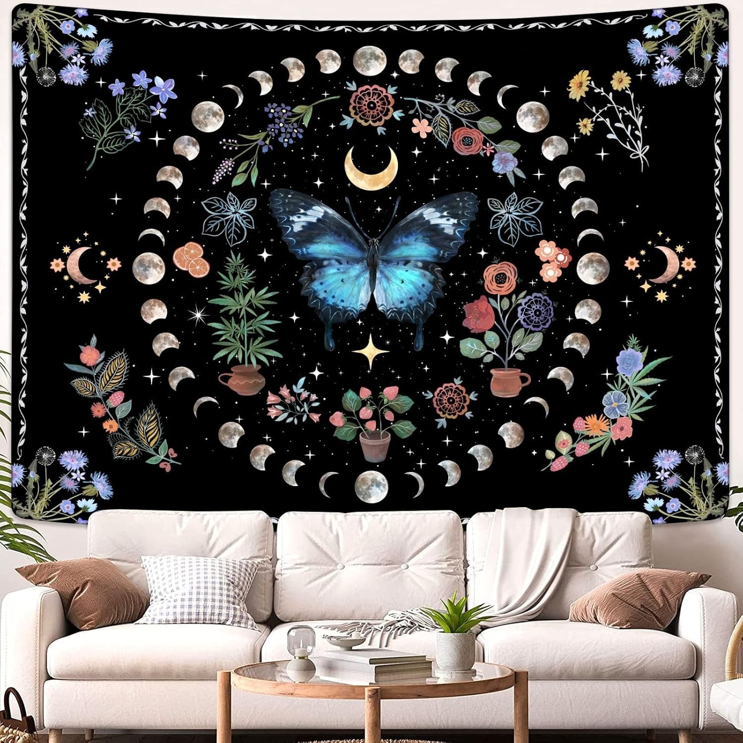 Unique Boho Butterfly Tapestry – Stunning Floral Design, 48” x 36”, Easy Care