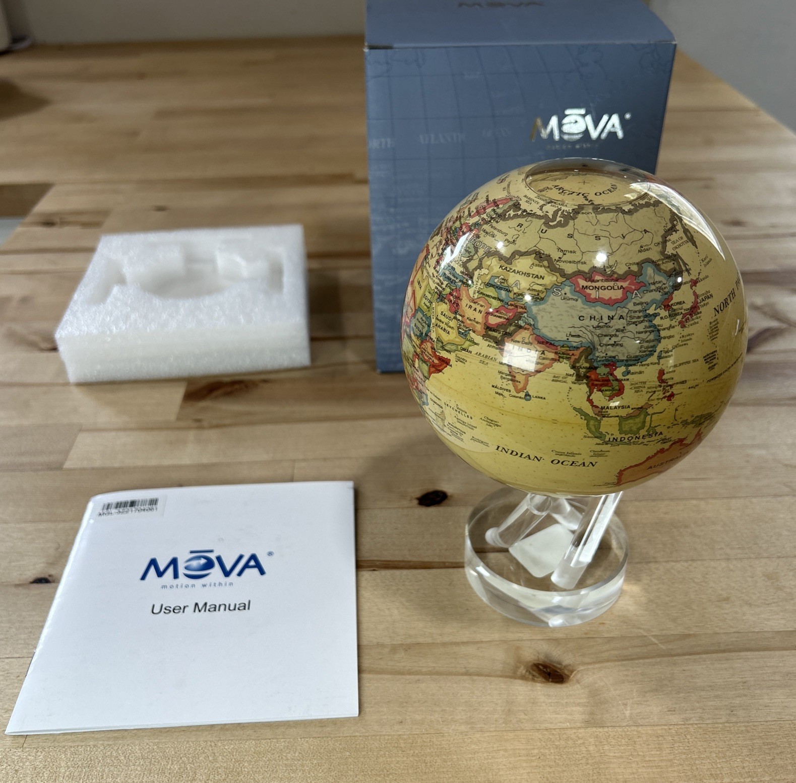 MOVA Rotating Globe W/ 3- Prong Stand New In Box 6 Inch Antique Beige