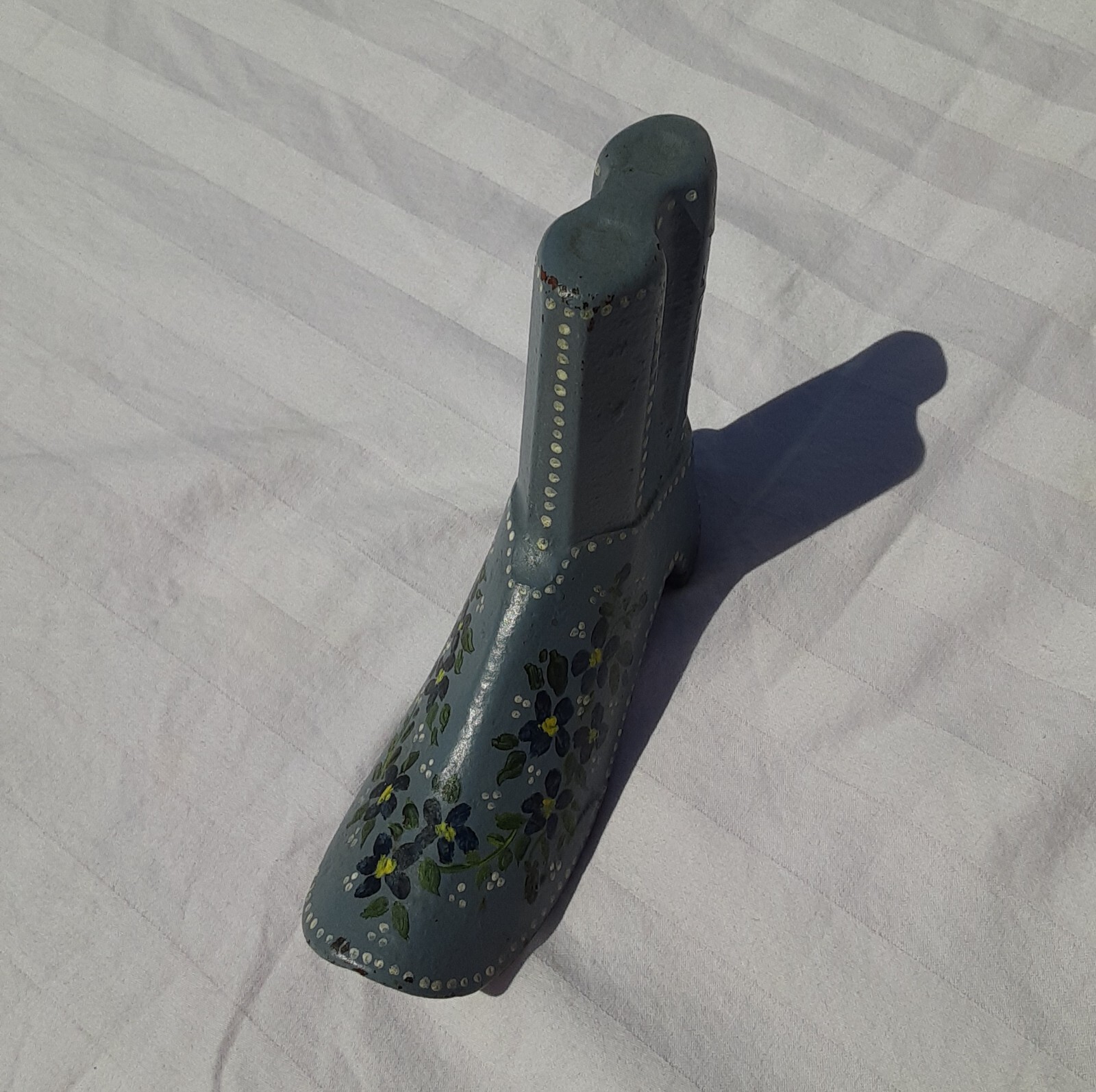 Vintage Doorstop Holder Cast Iron Boot Hand Painted Gray Blue Flowers