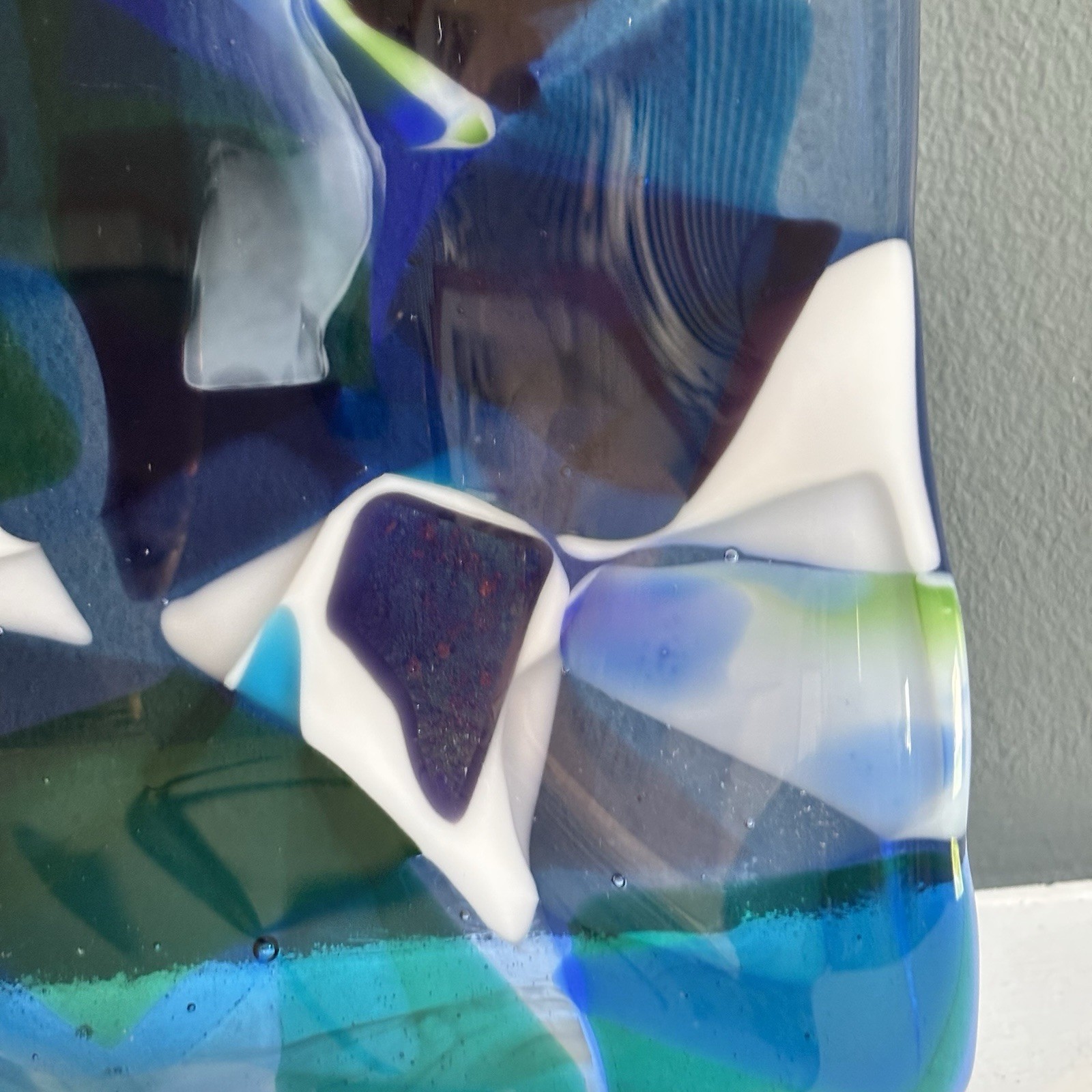 Heavy Blue Purple White Fused Art Glass Square Plate 10-1/4”