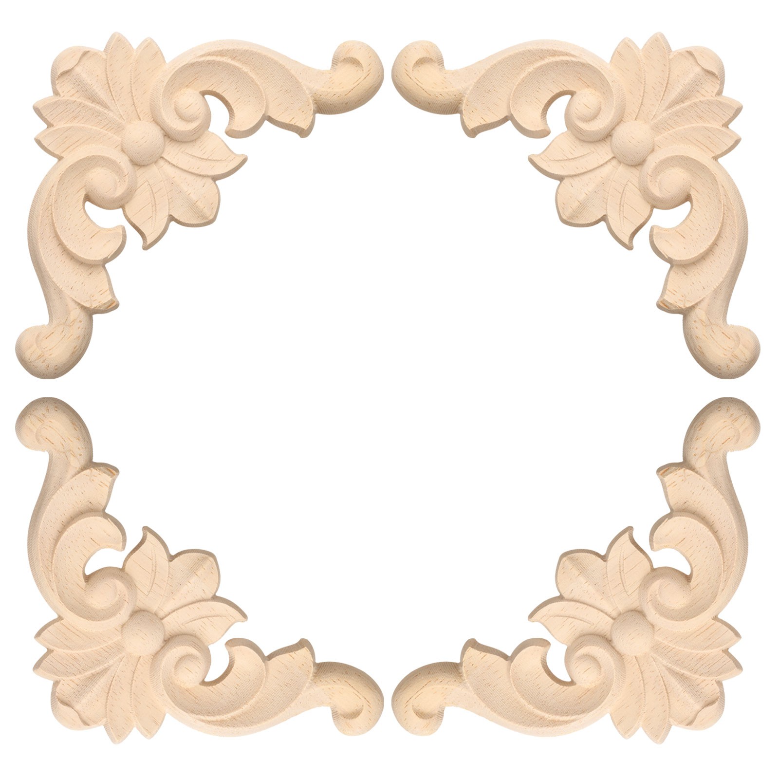 4Pcs Carved Wood Appliques Onlays 8x8cm Unpainted Corners Carved Decals