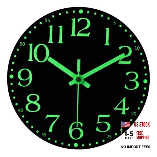 Wooden Glow in The Dark Clock, 8 inch Silent Non-Ticking Battery 8 INCH Black