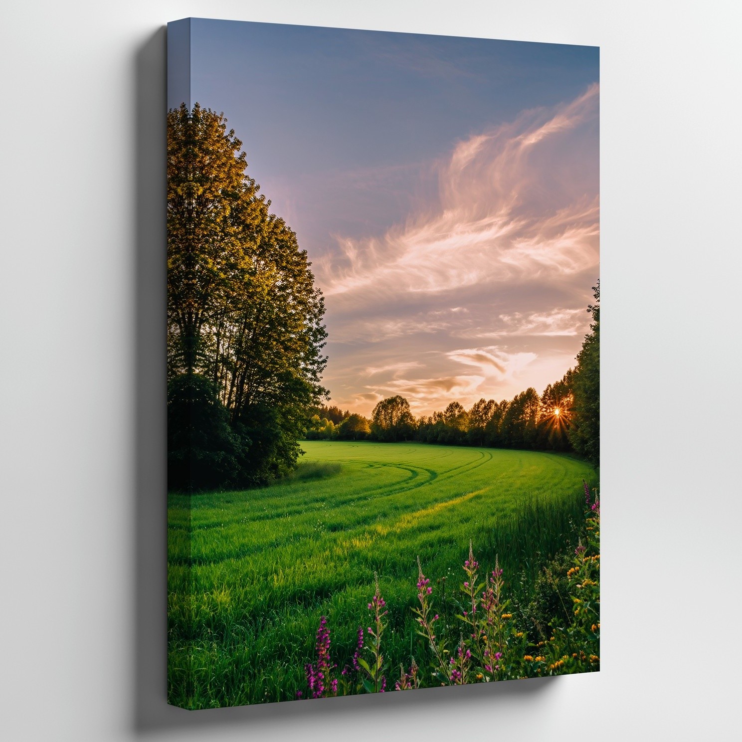 Wall Art Serene Landscape At Golden Hour, Featuring A Lush Green Field Bordered