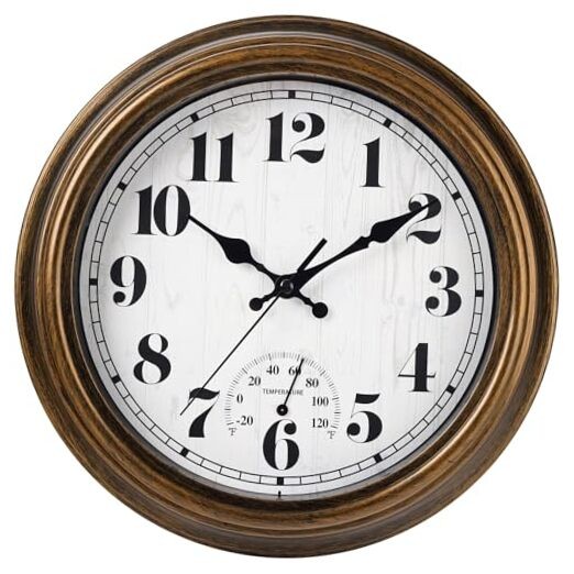 12 Inch Indoor/Outdoor Retro Round Waterproof Wall Clock with Thermometer,