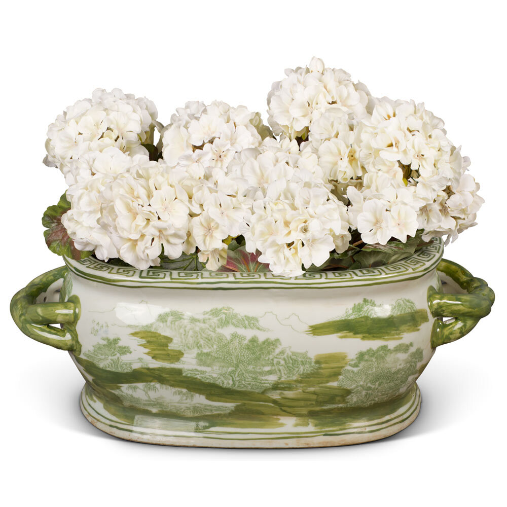 US SELLER – Green Scenery Motif Chinese Porcelain Footbath Planter