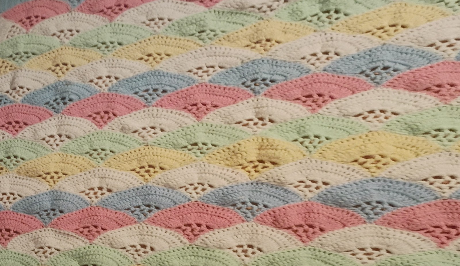 Vintage Crochet Baby Afghan Blanket Fan Scallop Pastel Rainbow 34×31 Unisex