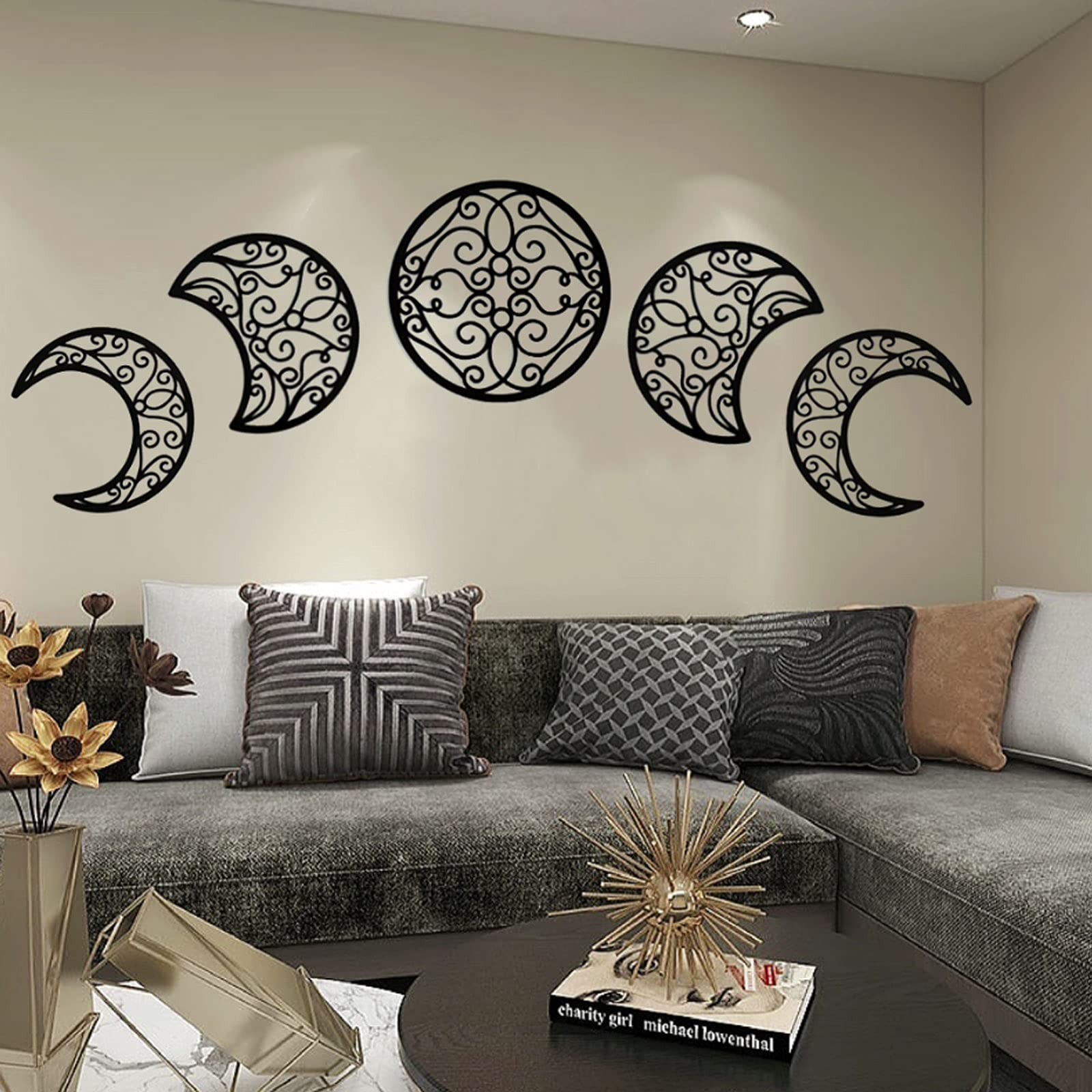 5 Pieces Moon Decoration Wall Decoration Wooden Moon Phase Wall Hanging Bohem…