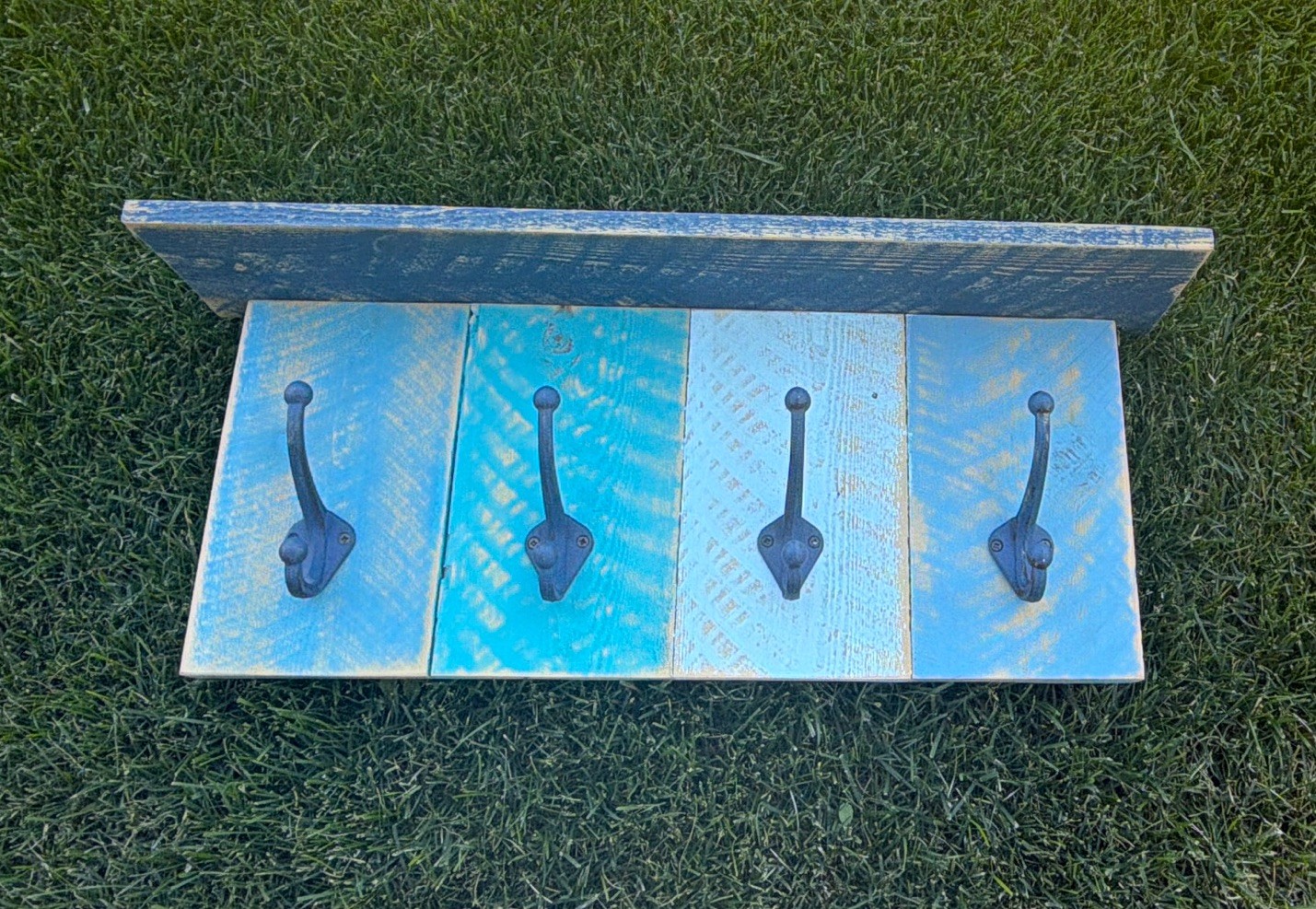 Rustic Blue 24” Boho Shelf With 4 Cast Iron Coat Hooks Repurposed Rough Sawn