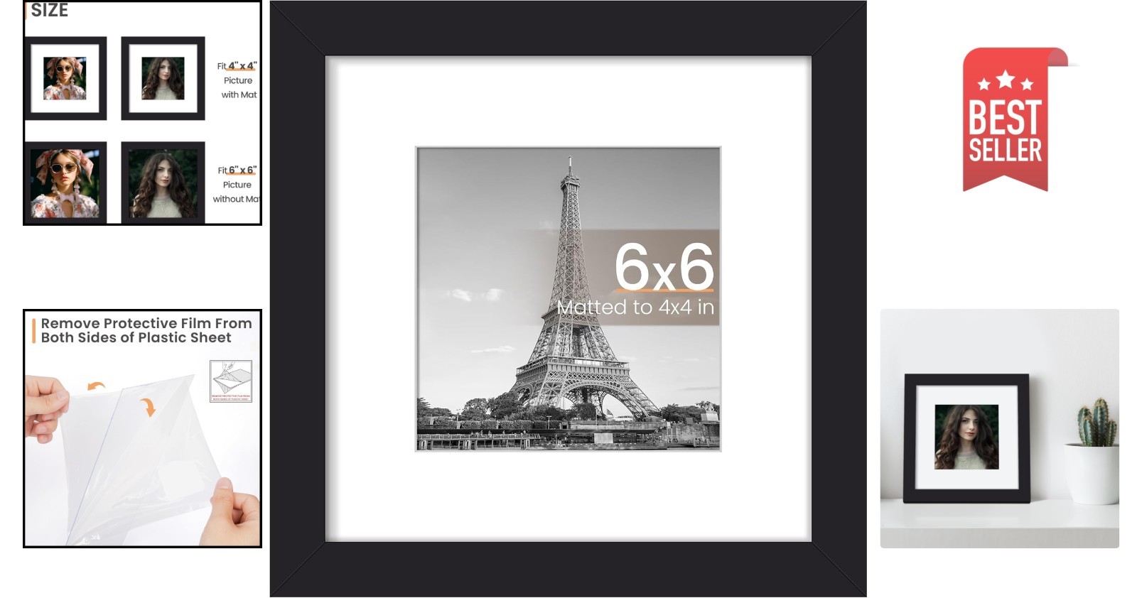 Versatile 6×6 Black Picture Frame – Displays 4×4 or 6×6 Photos Stylishly