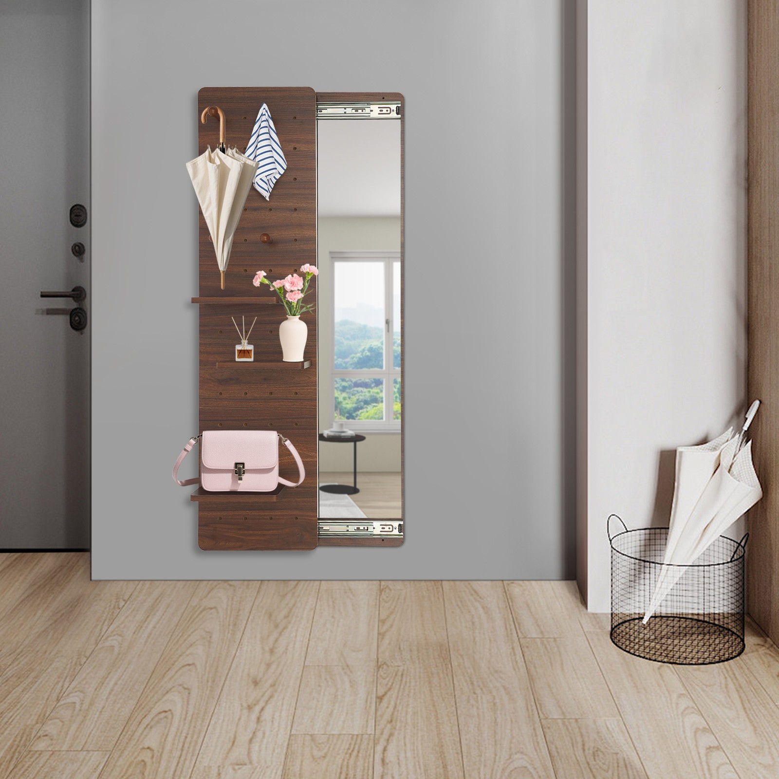 Wall-Mounted Full-Length Mirror with Pegboard, 3 Shelves & 6 Hooks Walnut
