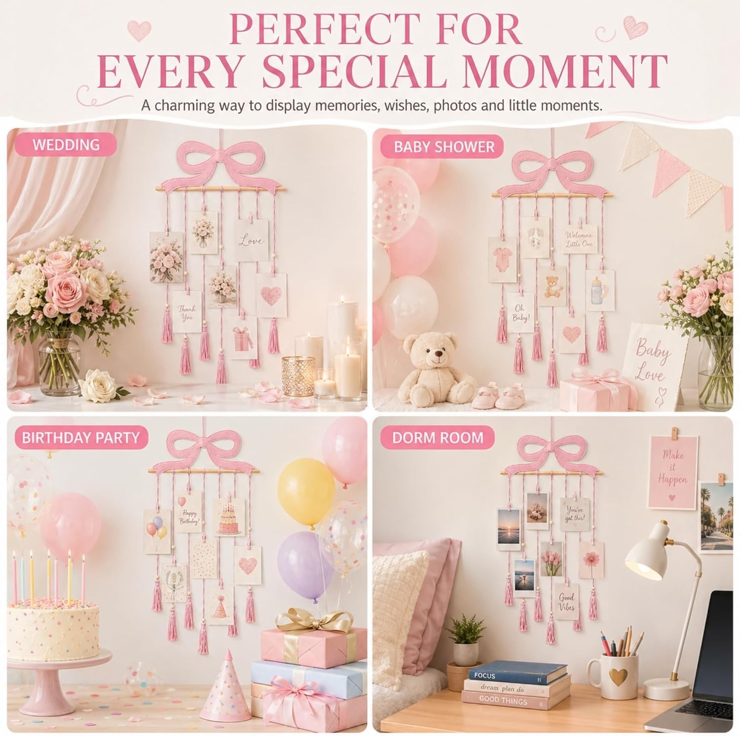 Charming Pink Bow Hanging Photo Display with 30 Clips – Perfect for Teens