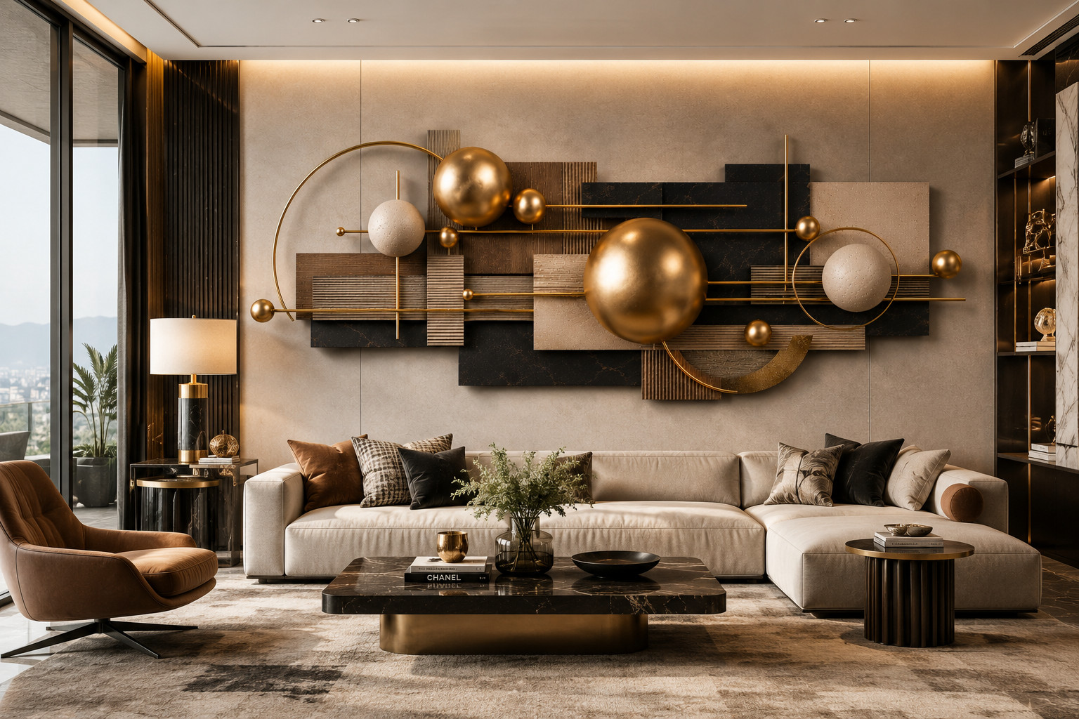 Luxury Geometric Canvas Wall Art Gold Sphere Abstract Modern 3D Style Large Hori