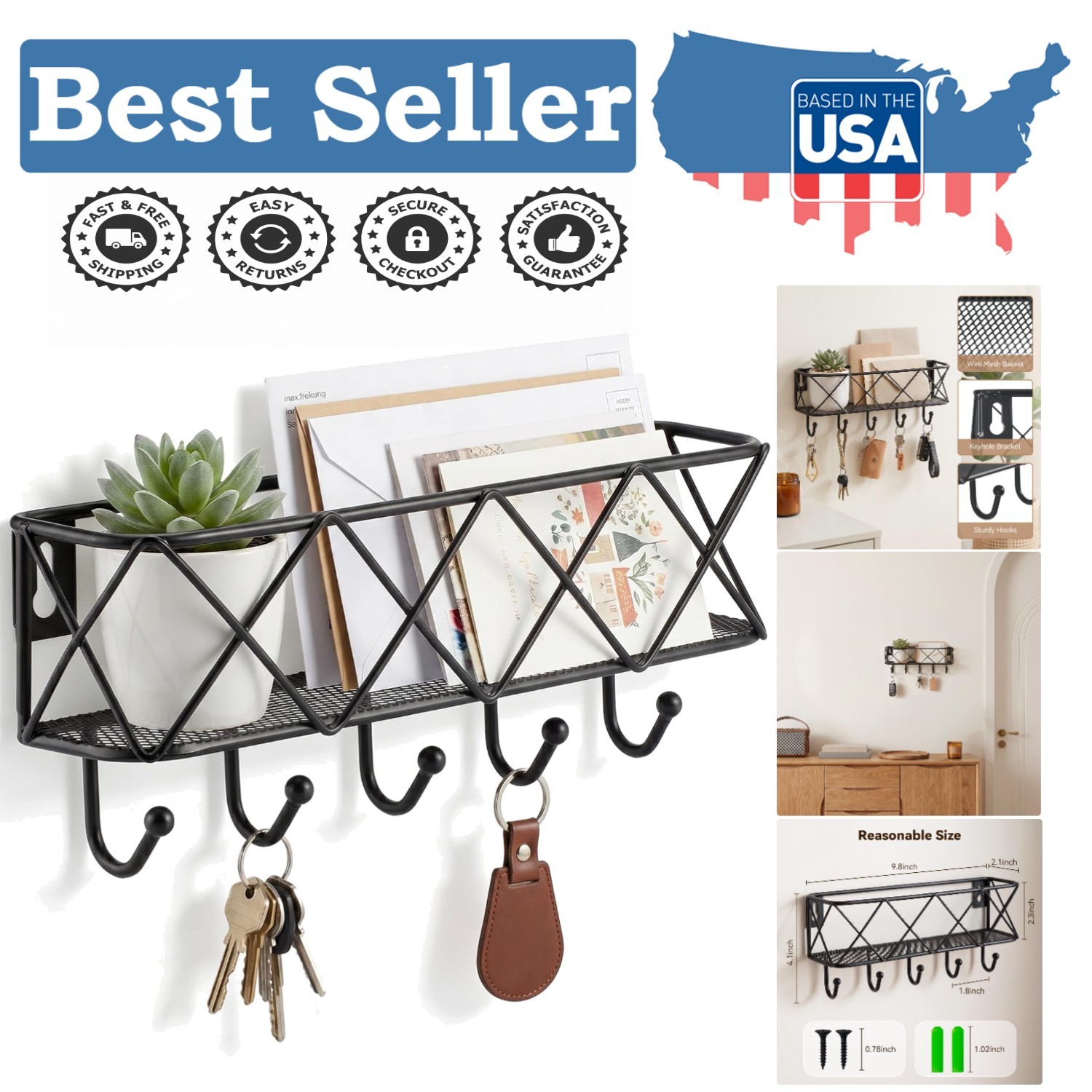 Multi-Functional Wall Key Holder with 5 Hooks & Basket – Easy Installation