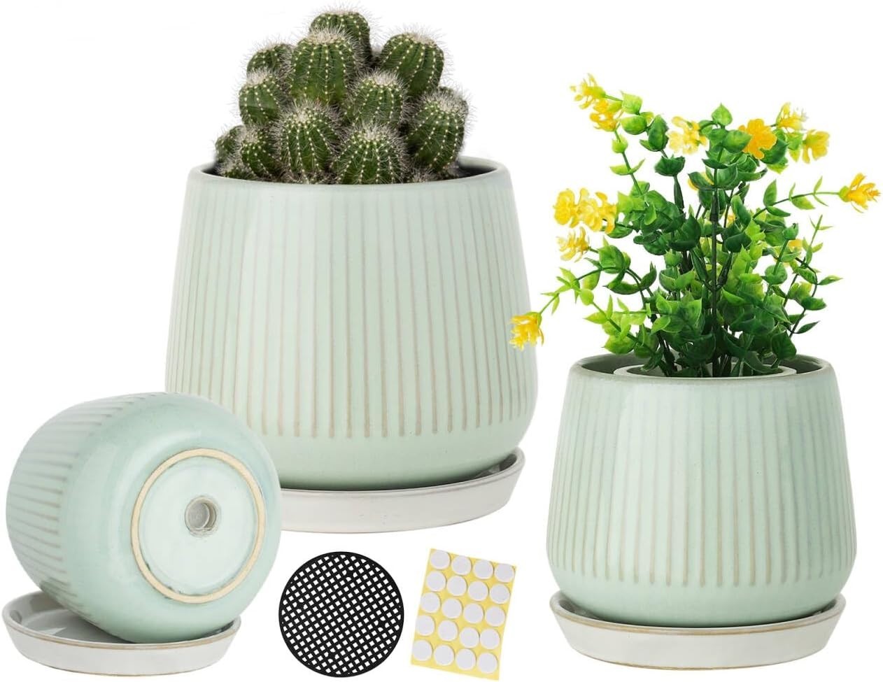 Ceramic Plant Pots with Drainage Holes & Saucers, Small to Large Planters, Green