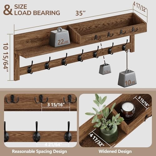 Coat Rack Wall Mount, 35 inch Large Wall Hooks with Shelf, 35″ L Brown