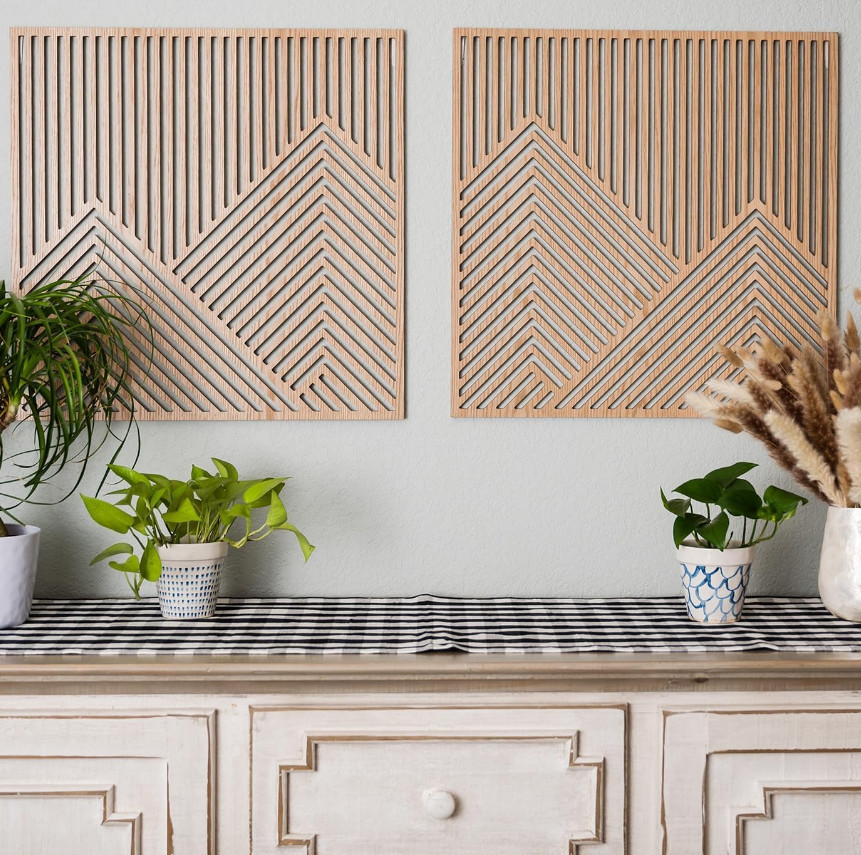 2 Pcs Wood Mountain Wall Art – Modern Wooden Panel Mountain Wall Decor, Decorati