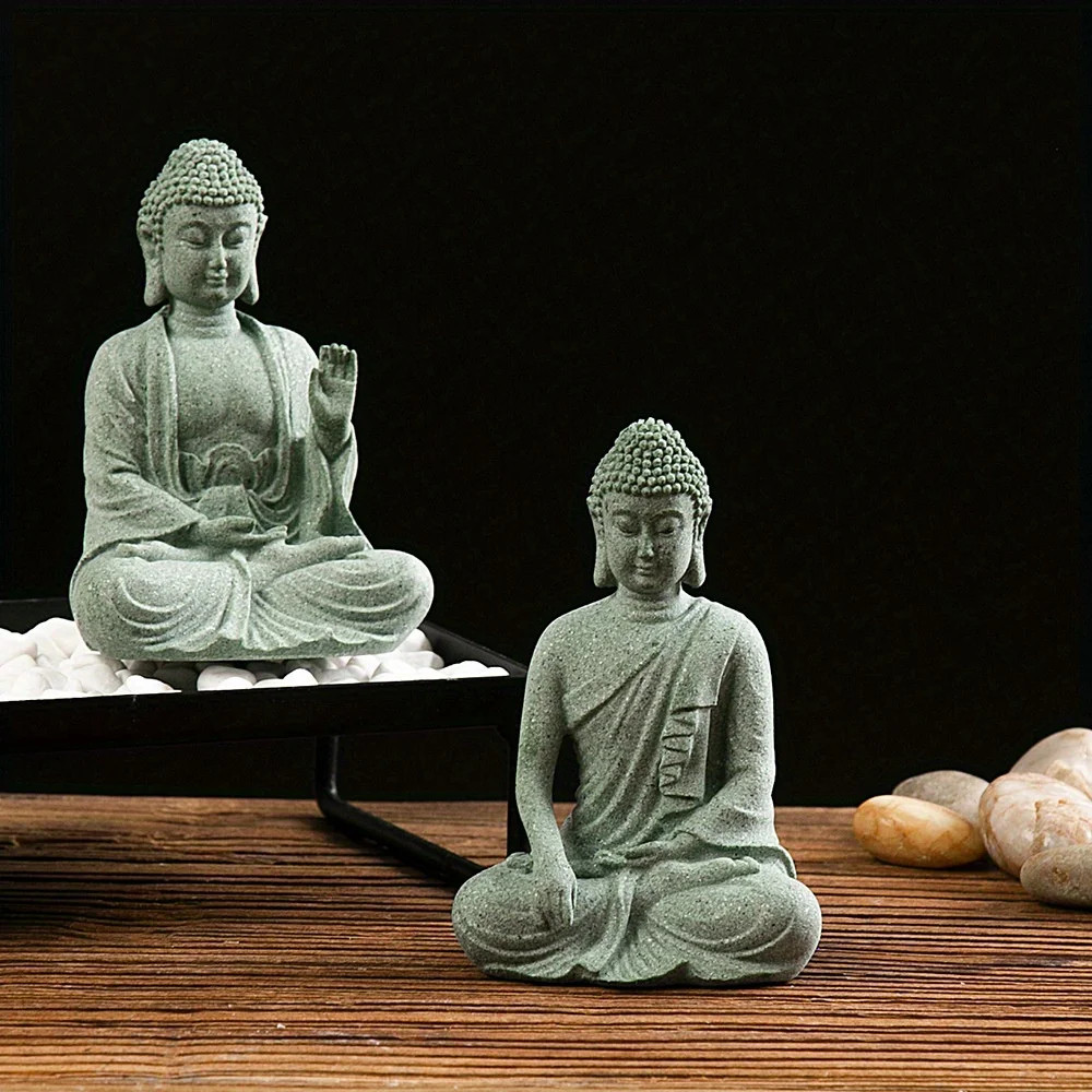 Mini Buddha Statue Garden Fish Tank Decor Zen Figurine Green Sandstone