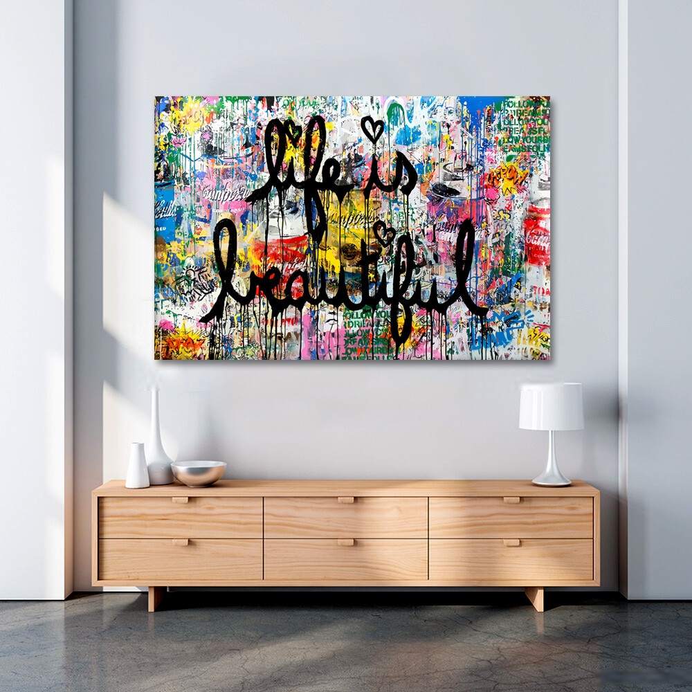 BANKSY Canvas Wall Art ” Life Is Beautiful ” Framed Canvas Wall Art Decor Print
