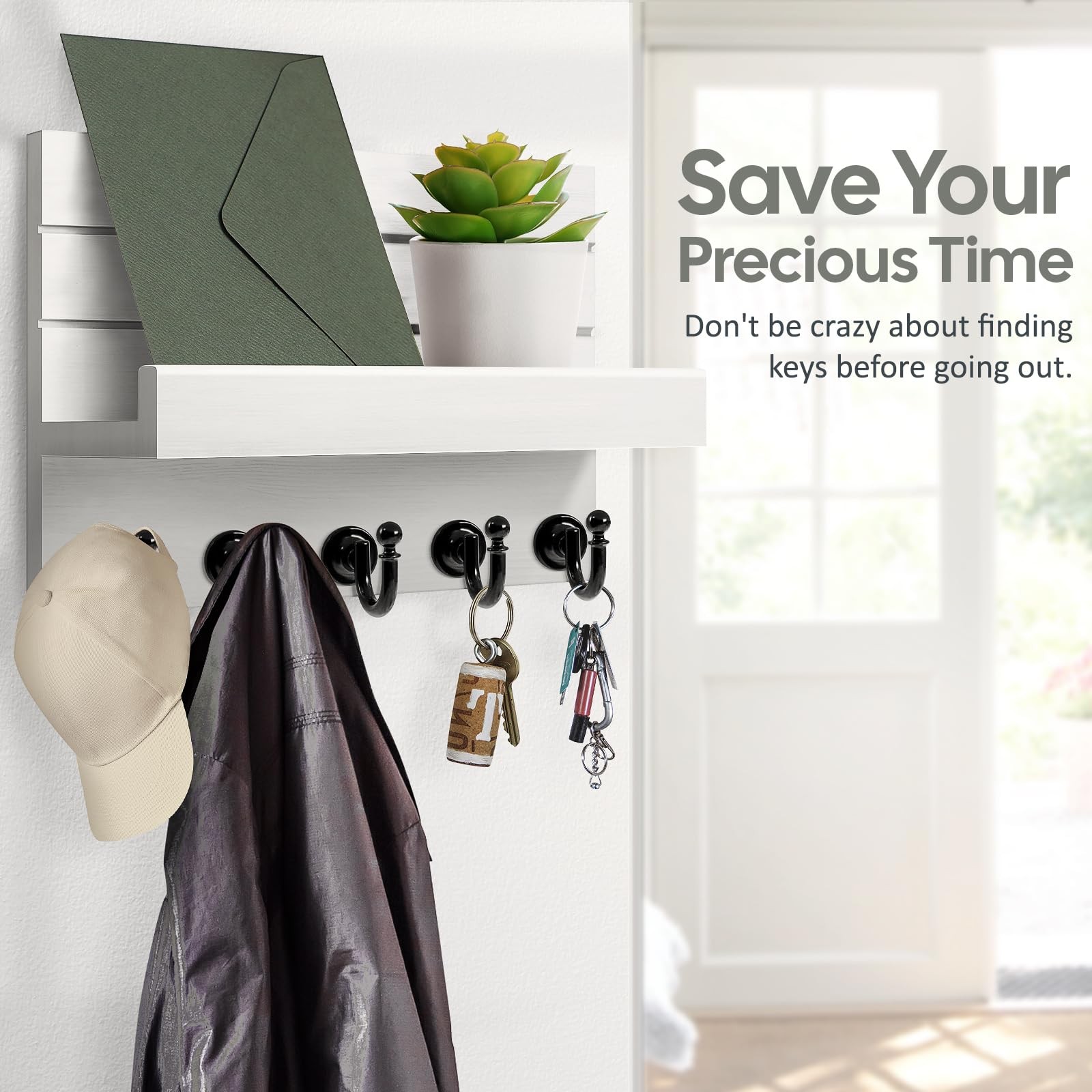HONJIN Key Holder for Wall: Easy Installation 10 x 3.3 x 7.3 inches, White