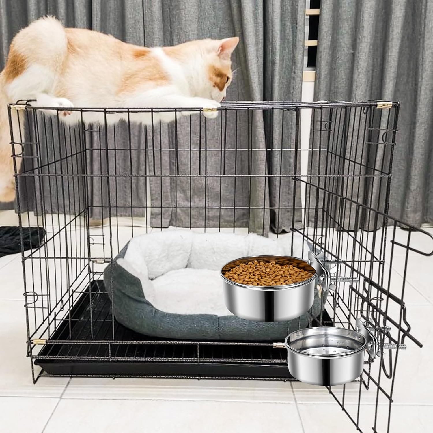 2 Pcs Small Pet Dog Food Water Bowl for Cage Stainless Steel Non-Spill Kennel Ha