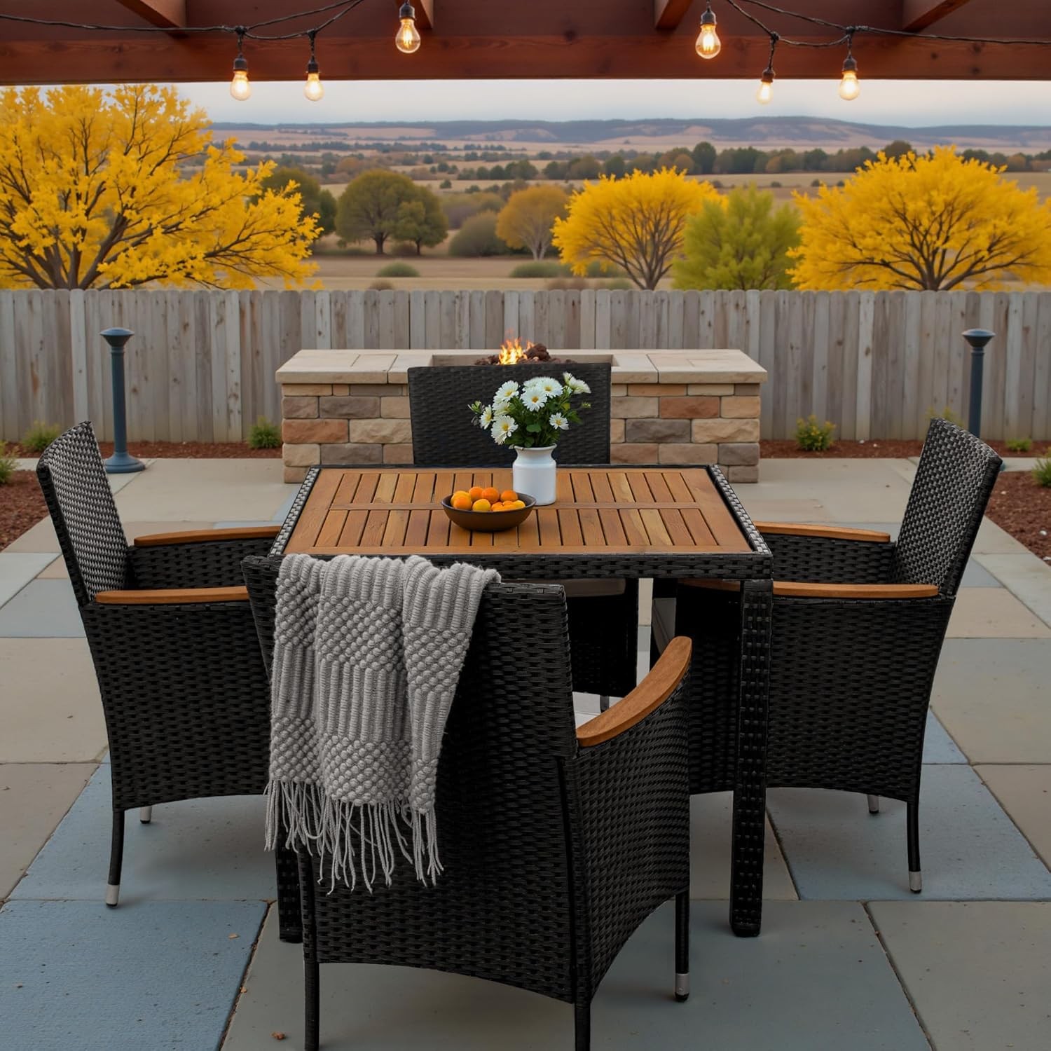5 Pieces Outdoor Patio Dining Set, Conversation Sets with 1 Table and 4 Rattan