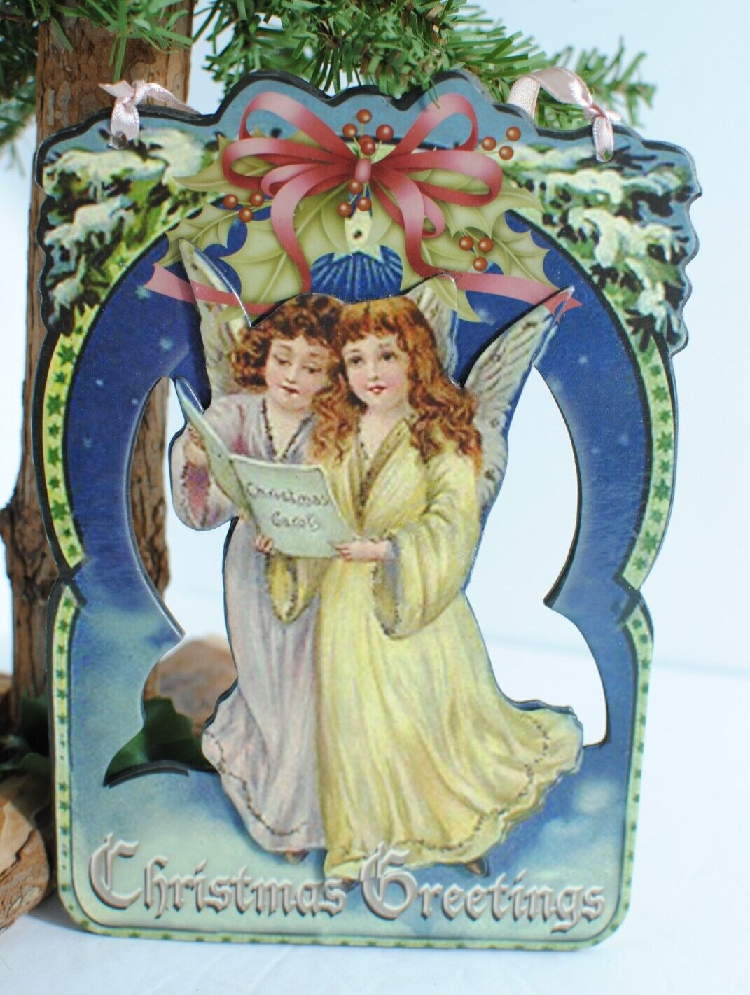 Vintage Santa and Angels Hanging 8in on Ribbon Victorian Christmas Sign Lot of 2