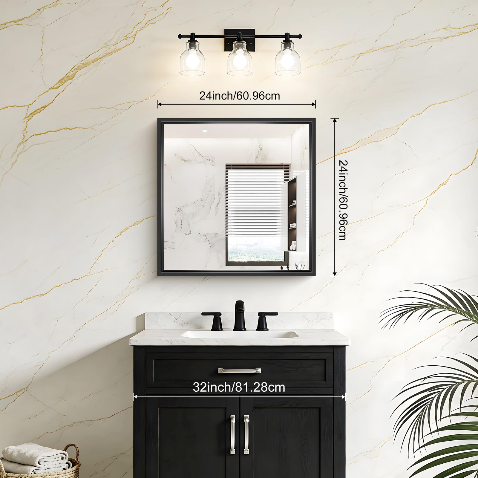 24×24 Square Black Mirror, Bathroom Mirrors for Over Sink 0.6″ Thickened Deep…