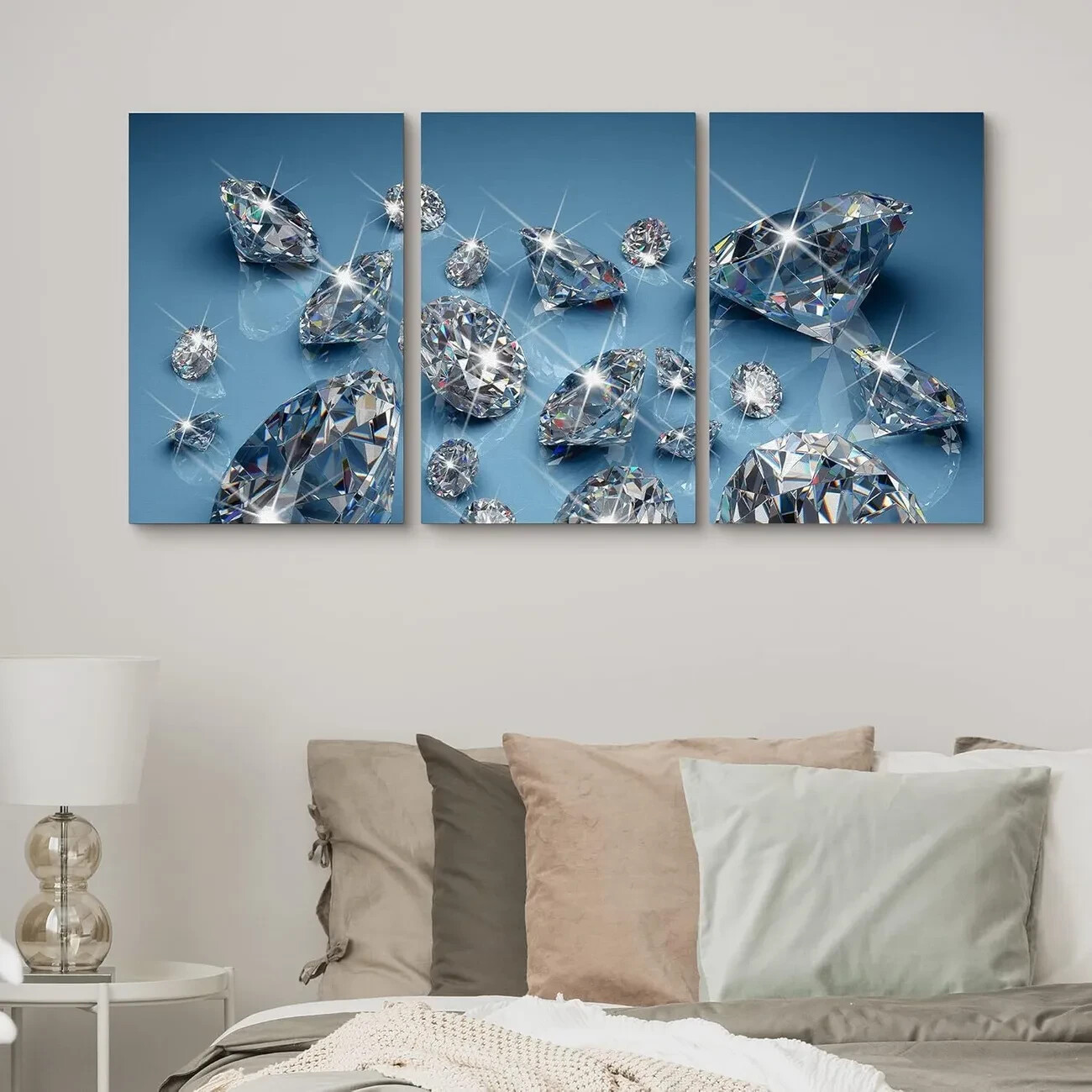 3pcs Shiny Large & Small Diamonds Geometric Metal Print Ready to Hang Art