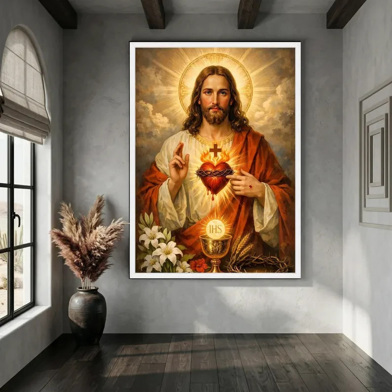 Sacred Heart of Jesus Canvas Wall Art, Divine Love Illustration, Religious Home