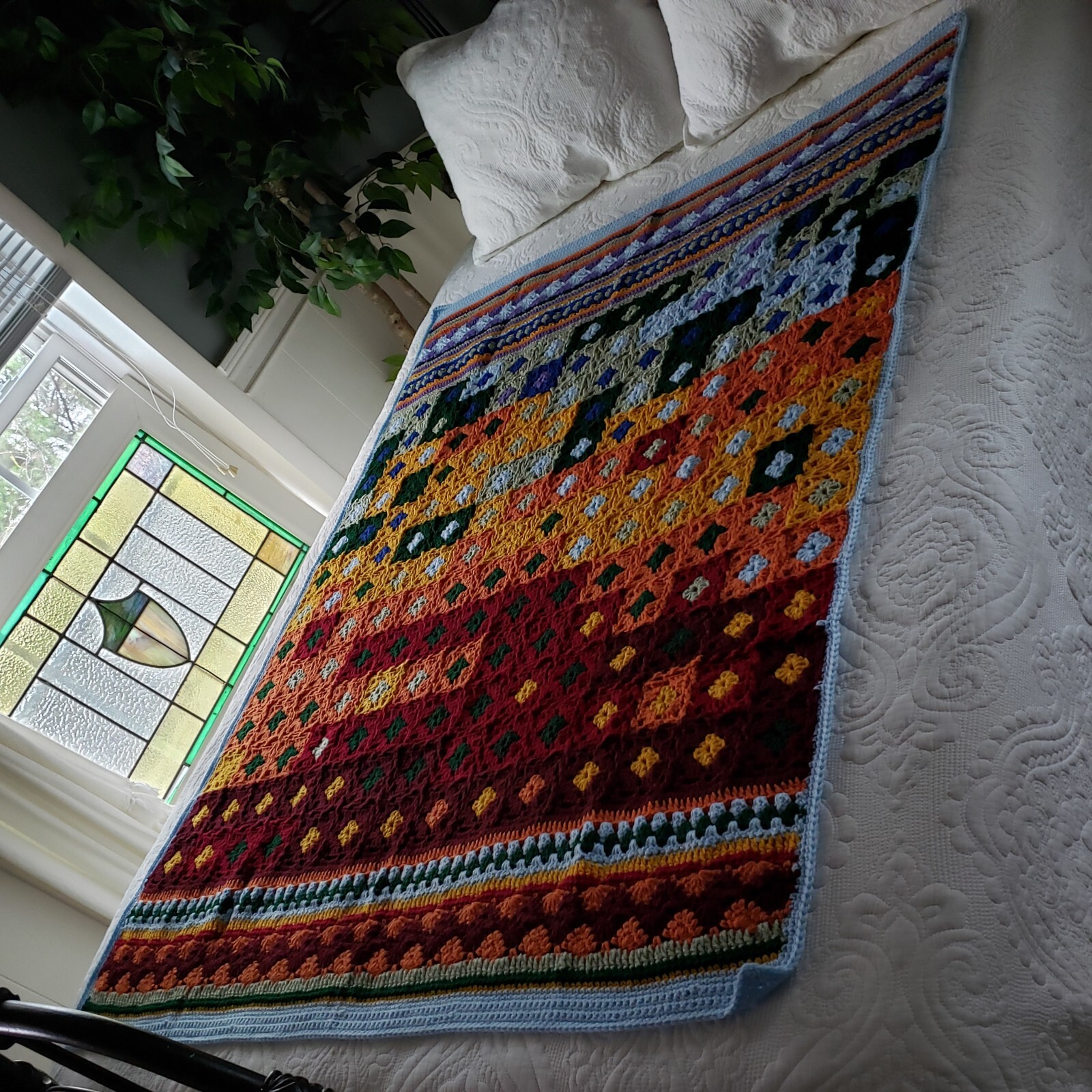 USA OOAK Crocheted New Multicolor Throw Blanket Groovyghan 43″ X 58″ Easy Care