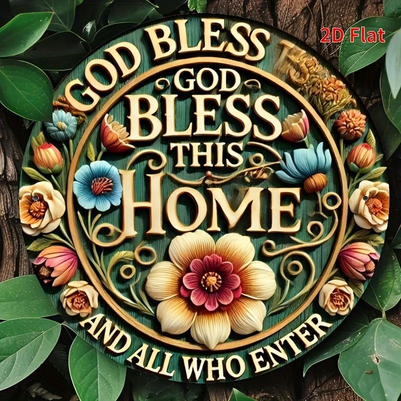 Floral God Bless This Home Metal Sign Round Inspirational Home Entry Wall Art