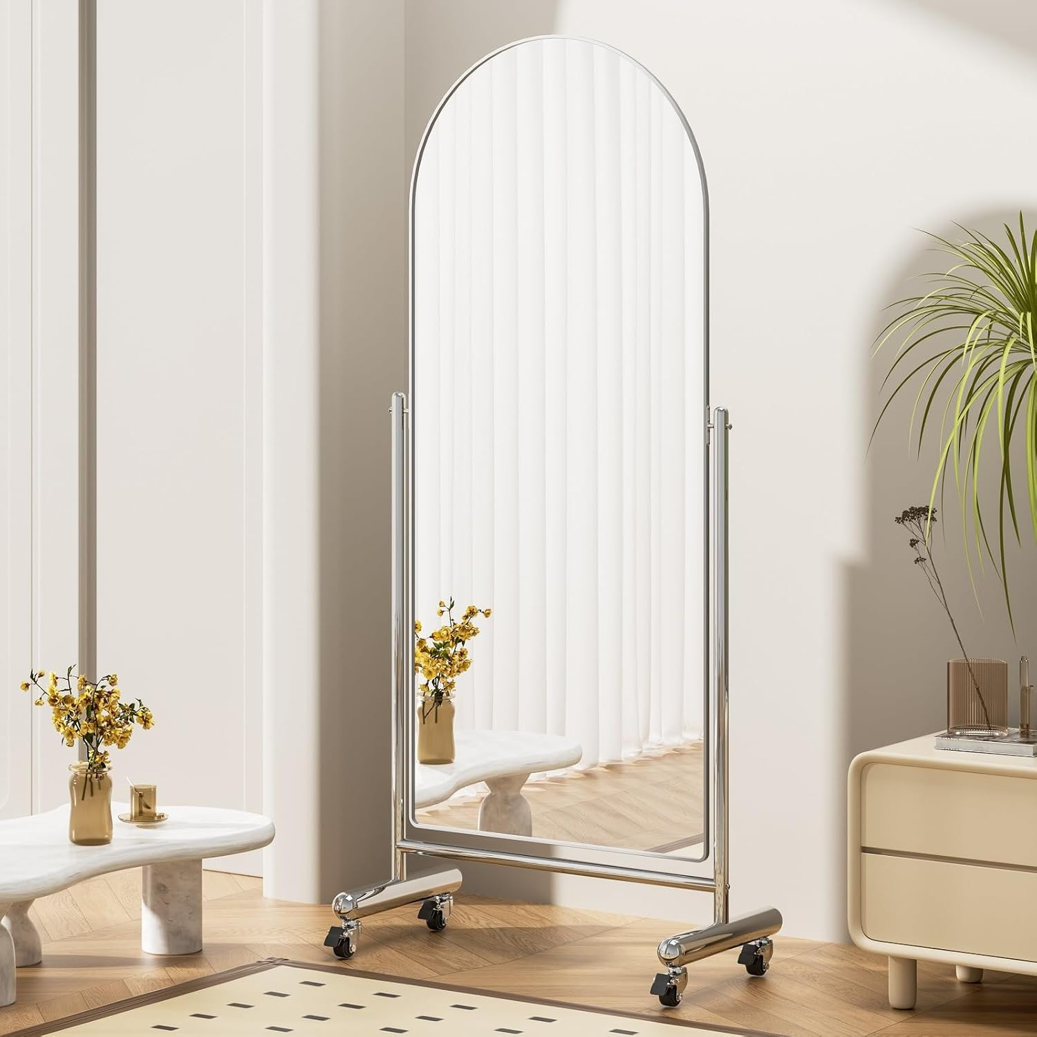 Large Arched Full Length Mirror on Wheels, Rolling Tilting Swivel Floor Mirror 6